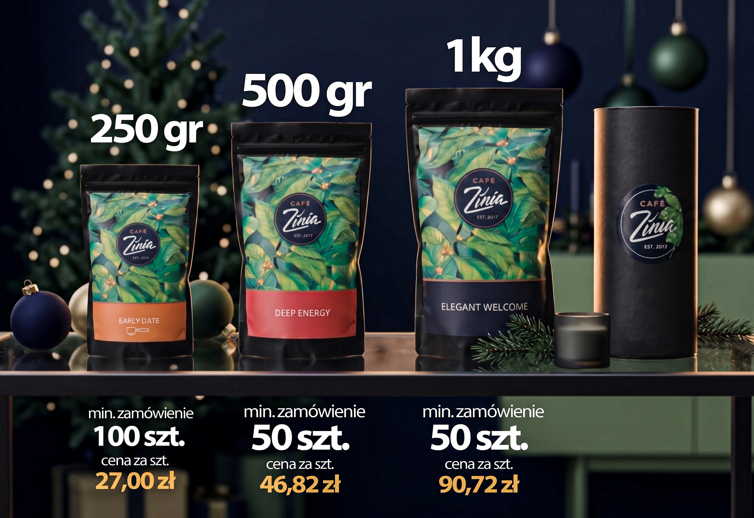 Dostępne warianty świątecznych paczek kawy Café Zinia